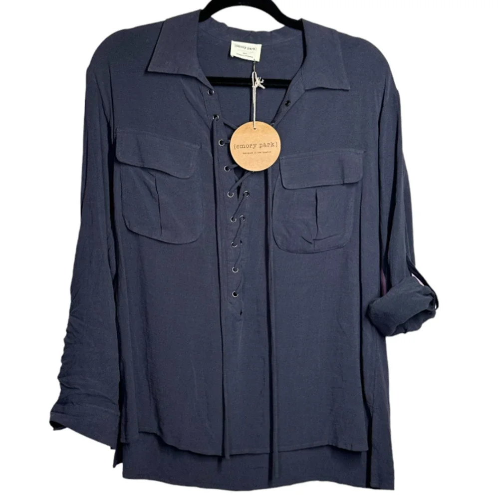 Emory Park New With Tags Roll Tab Sleeve Lace Up Blouse Linen Tunic Gray Size S